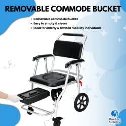 3-in-1 shower commode wheelchair with removable bucket being demonstrated.