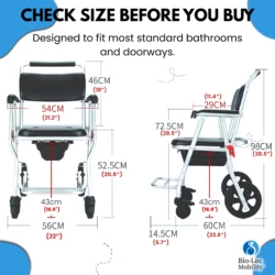Front and side view of the 3-in-1 Shower Commode Wheelchair with measurements.