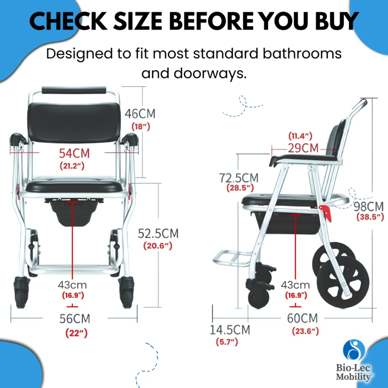 Front and side view of the 3-in-1 Shower Commode Wheelchair with measurements.