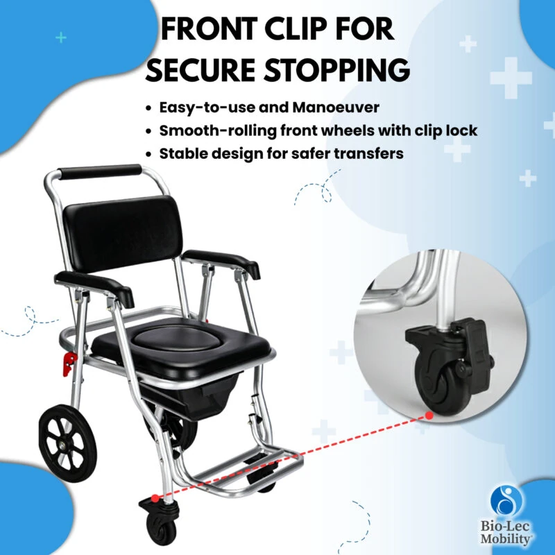 Folding aluminium shower commode wheelchair with padded seat and clip-lock wheels.