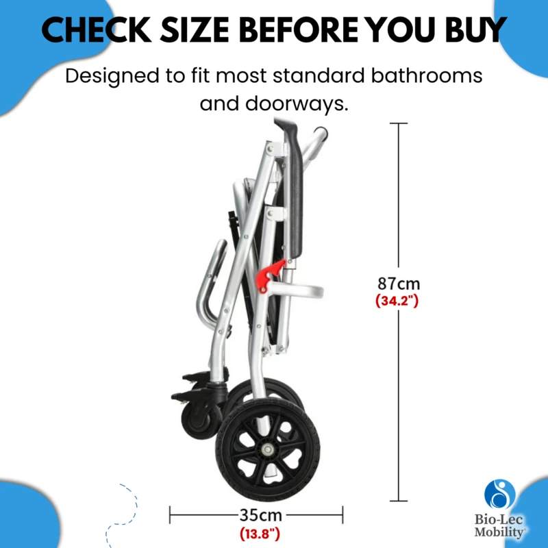 Folded aluminium shower commode wheelchair with dimensions.