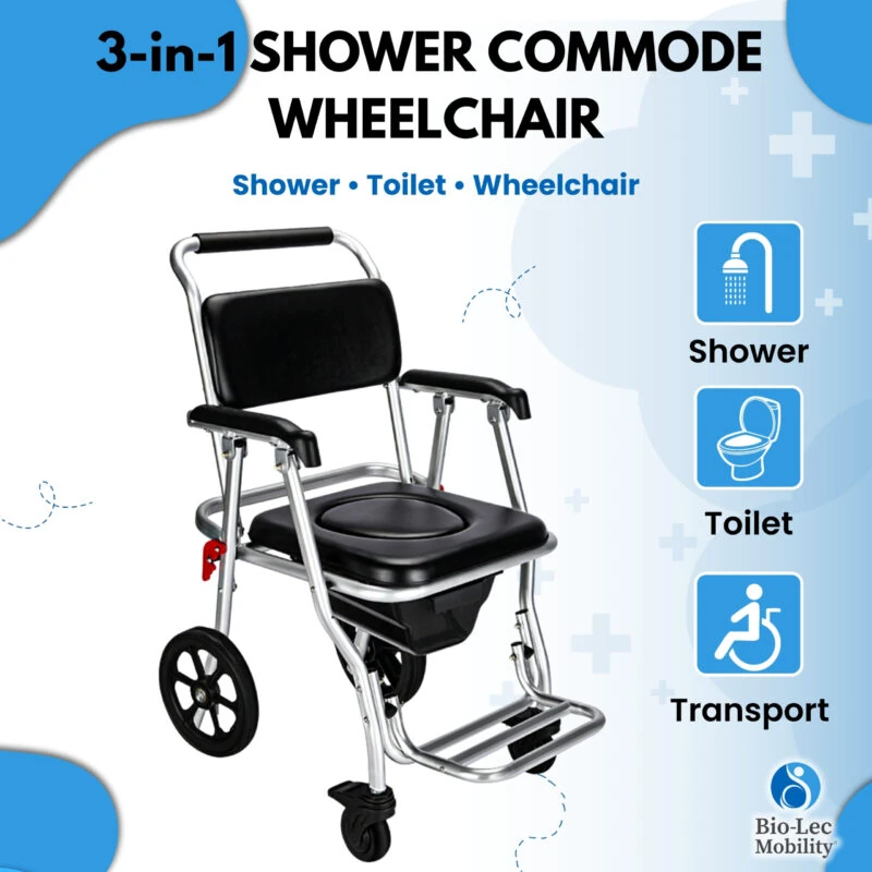 3-in-1 shower commode wheelchair with padded seat and backrest.