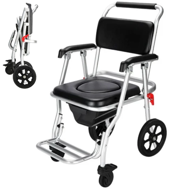 Foldable aluminium shower commode wheelchair with padded seat and backrest.
