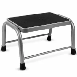 Grey step stool with anti-slip surface and sturdy legs.