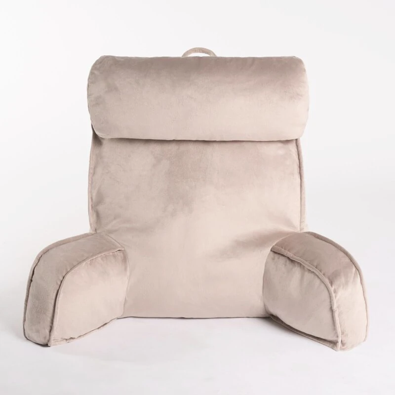 Mink-colored lumbar support pillow with armrests and a headrest.