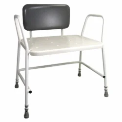 Bariatric shower stool with back support and anti-slip feet.