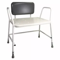 White shower stool with back support and anti-slip feet.