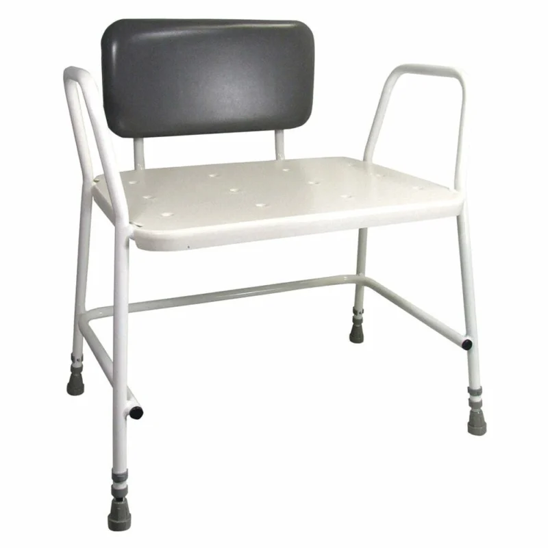 White shower stool with back support and rubber feet.