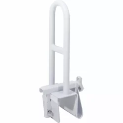 White removable bathtub grab bar with clamp mechanism.
