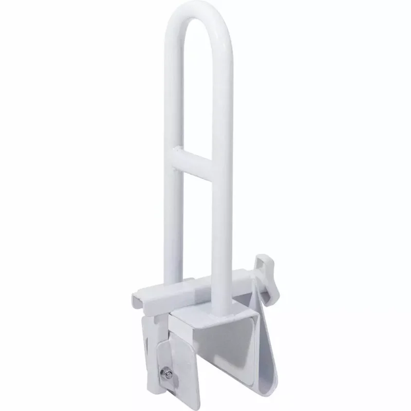 White removable bathtub grab bar with clamp mechanism.