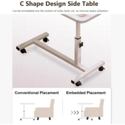C shape design side table with wheels, showing conventional and embedded placements.