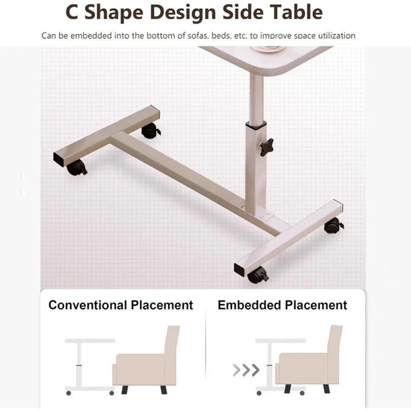 C shape design side table with wheels, showing conventional and embedded placements.