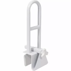 White removable bathtub grab bar with tool-less installation clamp.