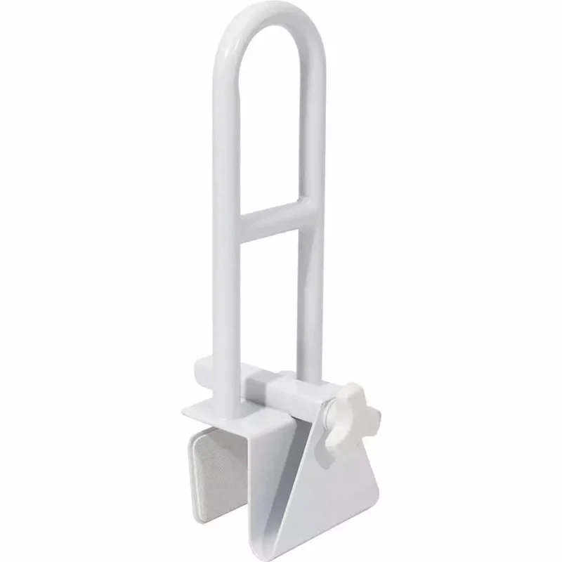 White removable bathtub grab bar with tool-less installation clamp.
