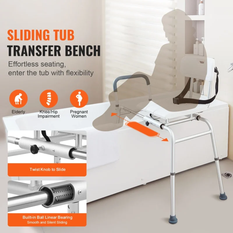 Sliding tub transfer bench with adjustable seat in a bathroom setting.