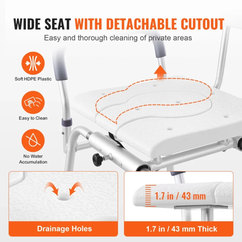 Shower transfer bench with detachable cutout seat and drainage holes.