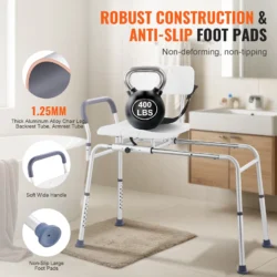 Shower transfer bench with 400 lbs weight, anti-slip foot pads, and aluminum frame.