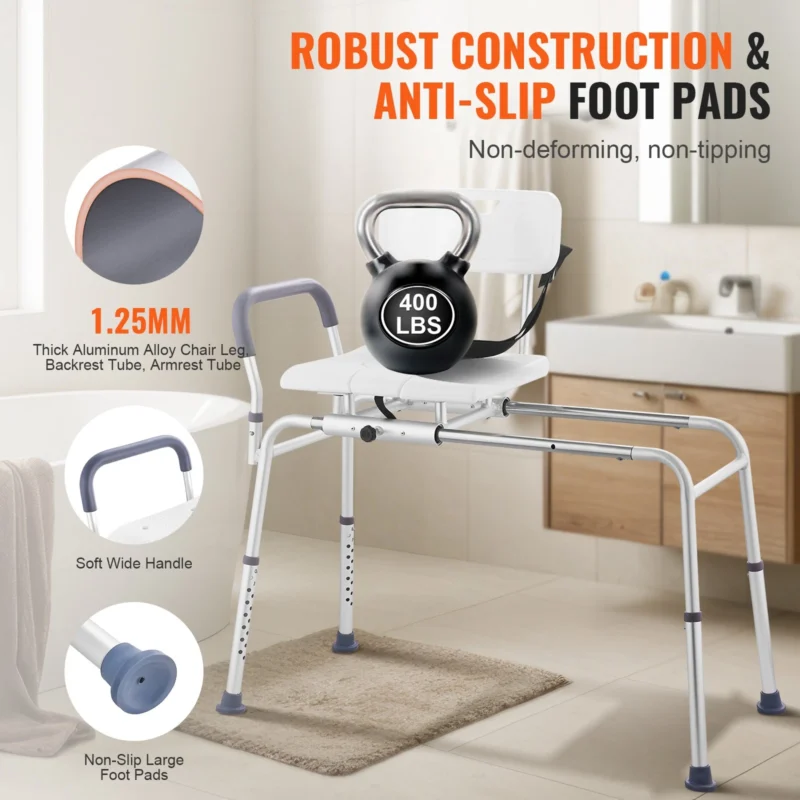 Shower transfer bench with 400 lbs weight, anti-slip foot pads, and aluminum frame.