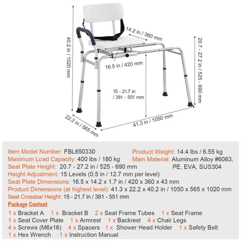 Shower transfer bench with adjustable height and dimensions labeled.
