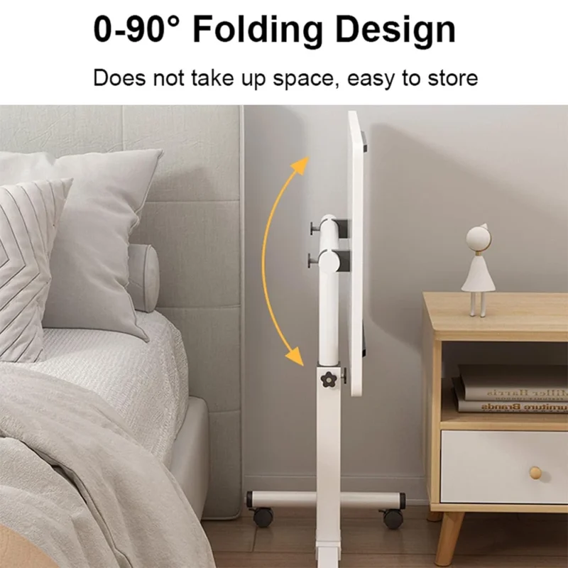 Over bed table tray folded upright beside a bed with a nightstand.