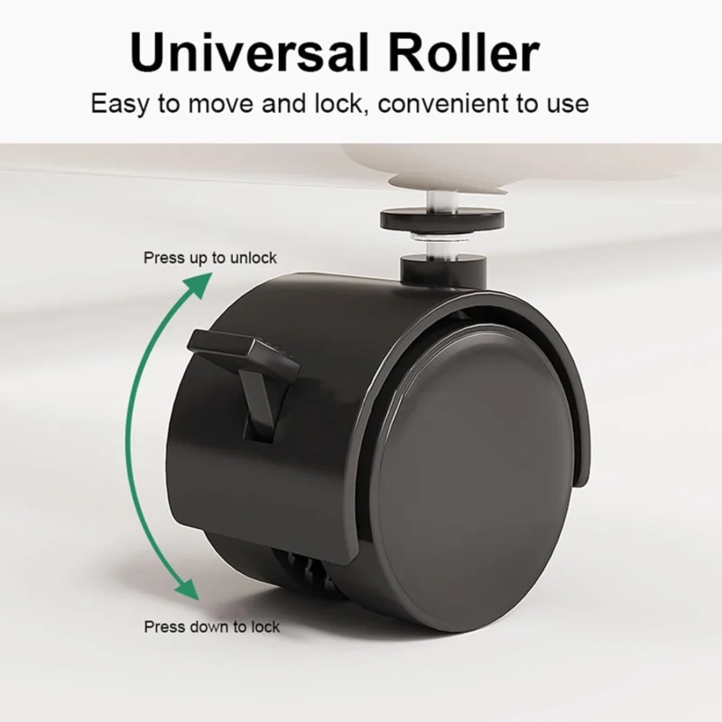 Close-up of a black roller with lock and unlock instructions.