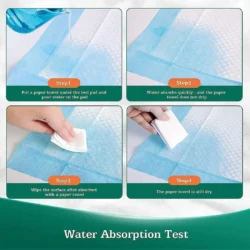 Four-step water absorption test of disposable incontinence bed pads.