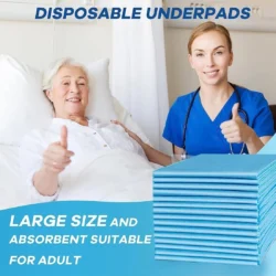Nurse and patient giving thumbs up with disposable underpads in foreground.