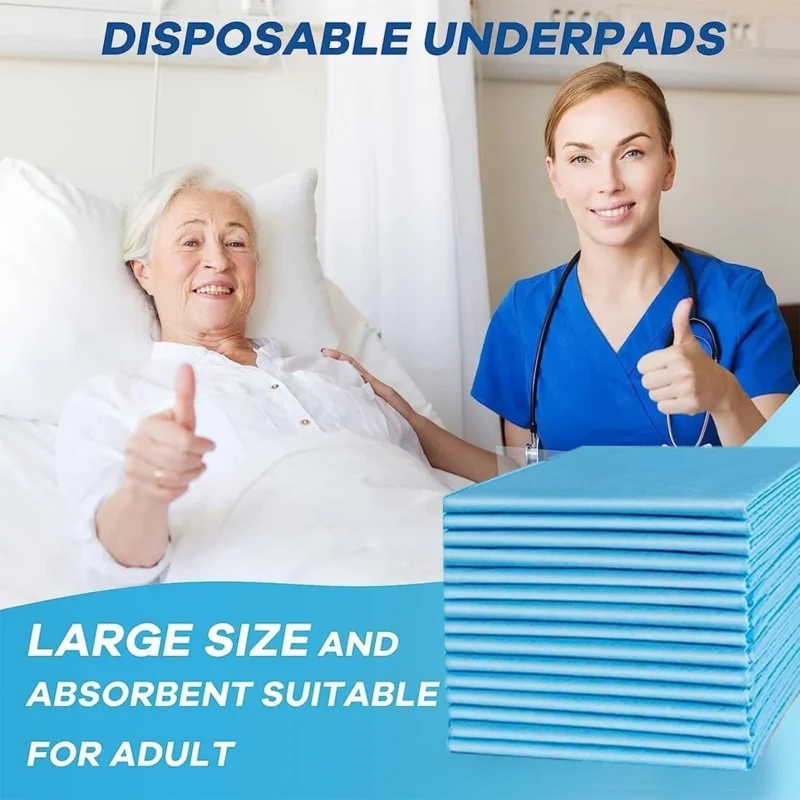 Nurse and patient giving thumbs up with disposable underpads in foreground.