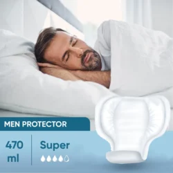 Man sleeping with incontinence pad image and absorbency details.