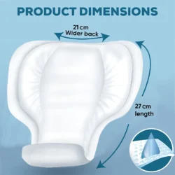 Illustration showing dimensions of an incontinence pad with wider back and length.