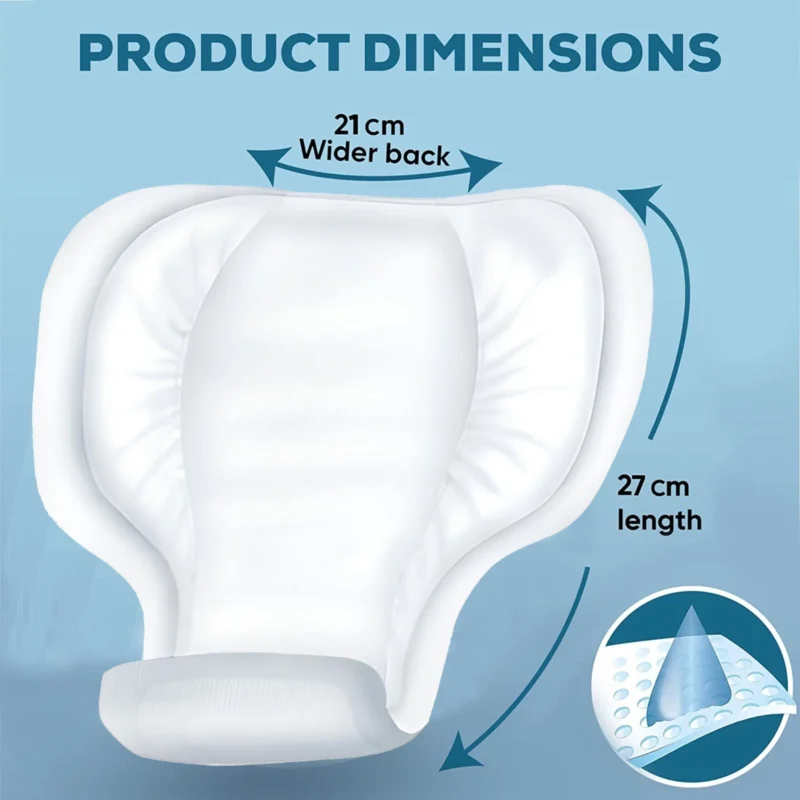 Illustration showing dimensions of an incontinence pad with wider back and length.
