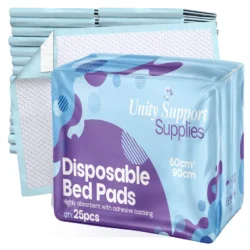 Pack of disposable bed pads with visible packaging and individual pads.