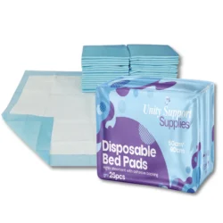 Pack of disposable bed pads with individual pad visible.