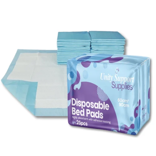 Pack of disposable bed pads with individual pad visible.