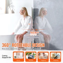 Person sitting on a 360° rotating shower stool in a bathroom setting.