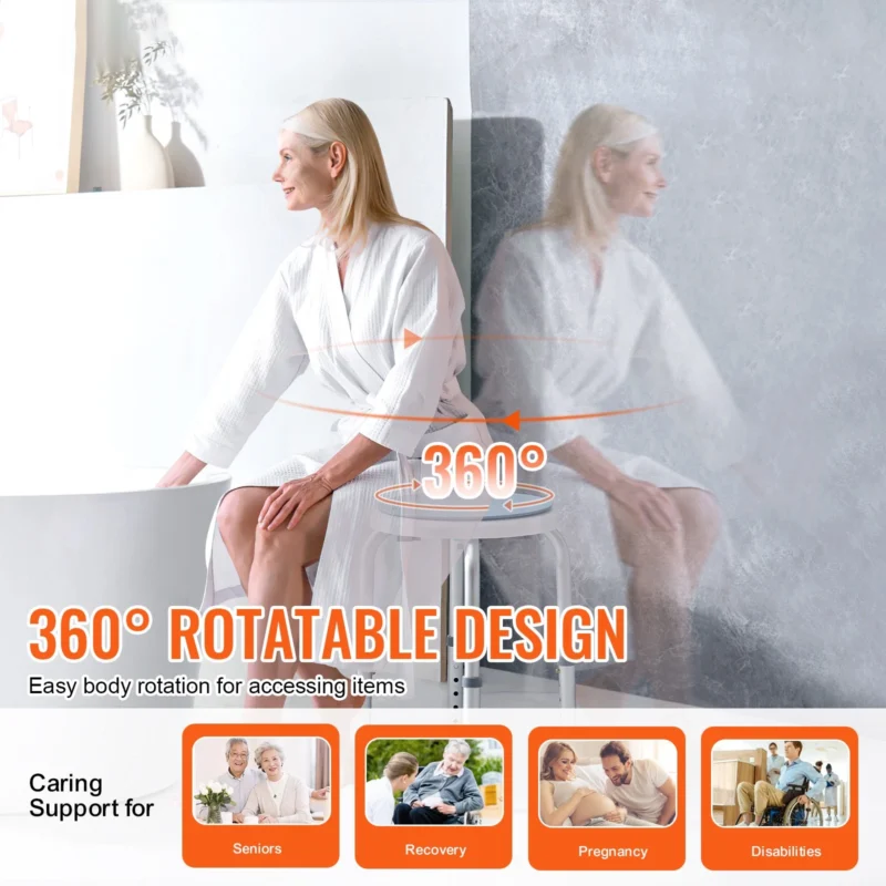 Person sitting on a 360° rotating shower stool in a bathroom setting.