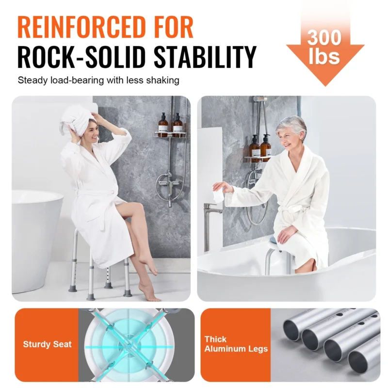 Two women using a rotating shower stool in a bathroom setting.