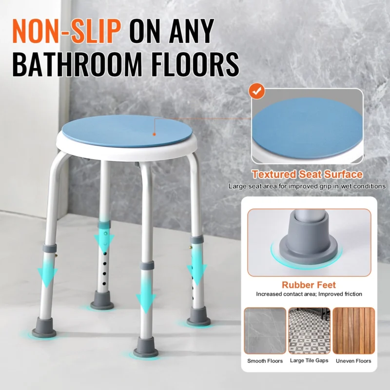 Shower stool with blue seat and non-slip rubber feet on bathroom floor.