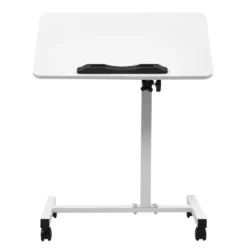 White over bed table with wheels and adjustable height.