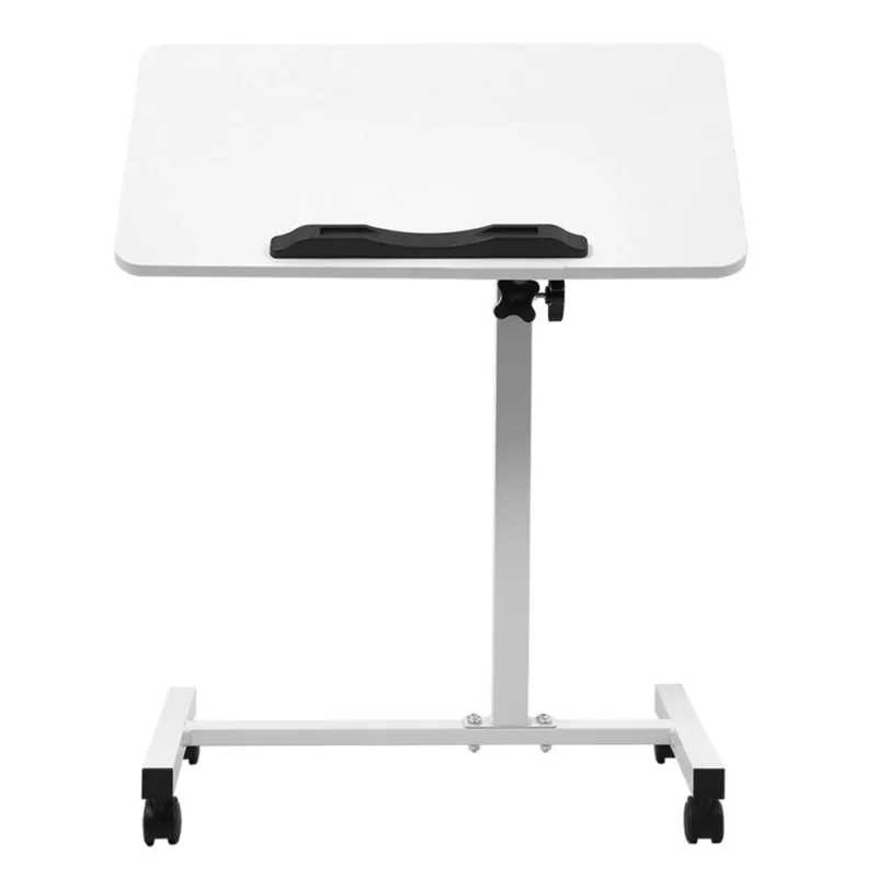 White over bed table with wheels and adjustable height.