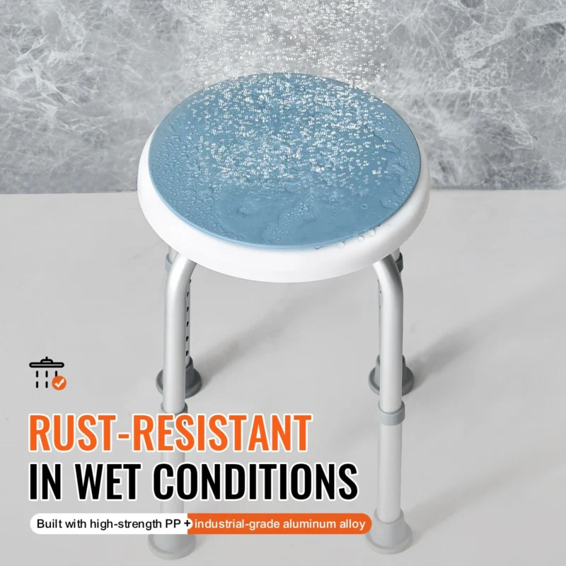 Shower stool with water droplets on seat, showcasing rust-resistant feature.