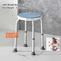 Height adjustable shower stool with anti-slip pads and rotating seat.