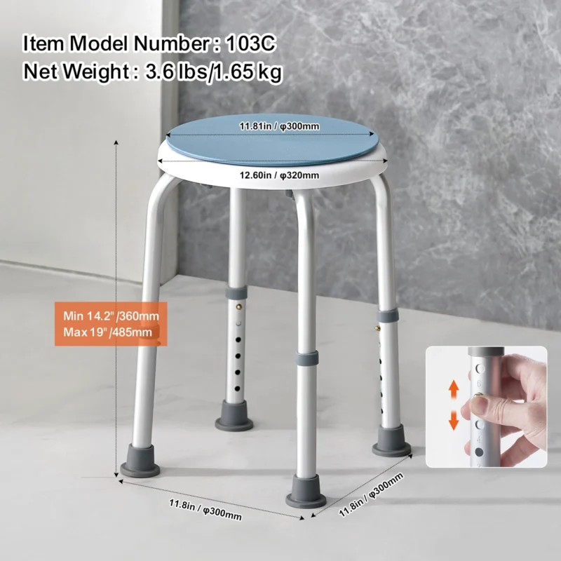 Height adjustable shower stool with anti-slip pads and rotating seat.