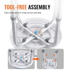 Diagram showing tool-free assembly of a shower stool with easy-twist screws.