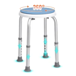 Height adjustable shower stool with 360° rotating seat and anti-slip rubber pads.
