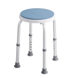 Height adjustable shower stool with blue seat and anti-slip rubber pads.