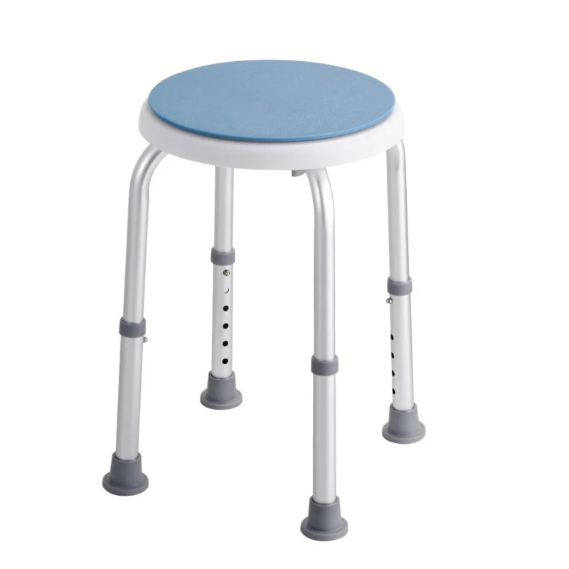 Height adjustable shower stool with blue seat and anti-slip rubber pads.