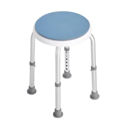 Height adjustable shower stool with blue seat and anti-slip rubber pads.