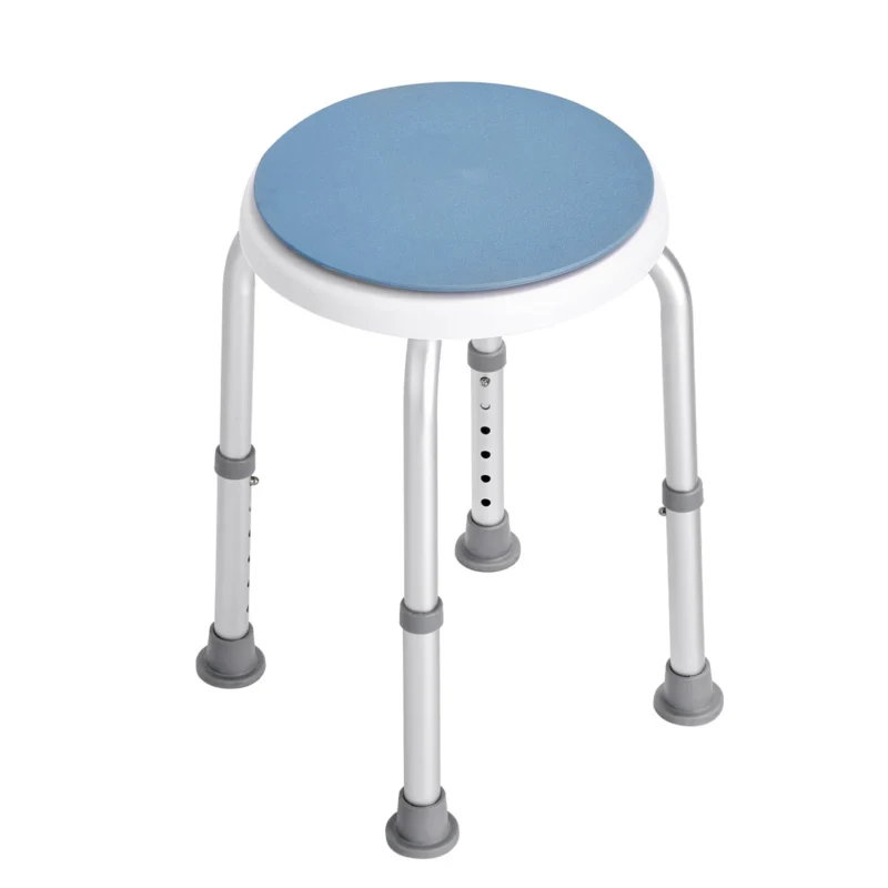 Height adjustable shower stool with blue seat and anti-slip rubber pads.