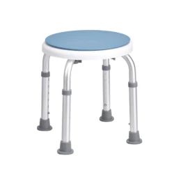 Height adjustable shower stool with blue seat and grey anti-slip pads.
